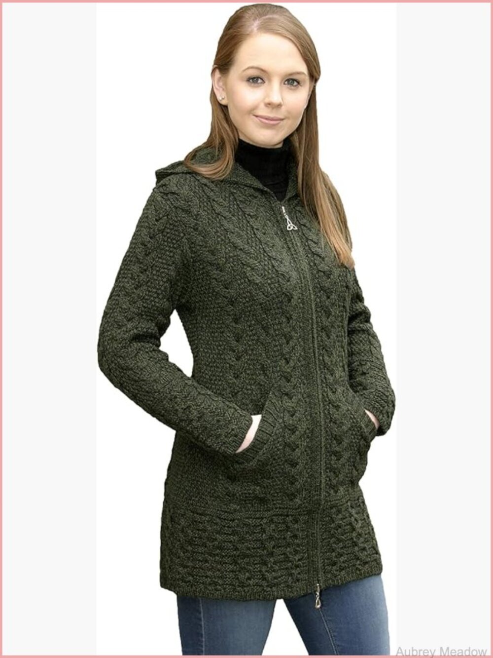 Irish cable knit Merino wool hooded zip coat 3/4 length